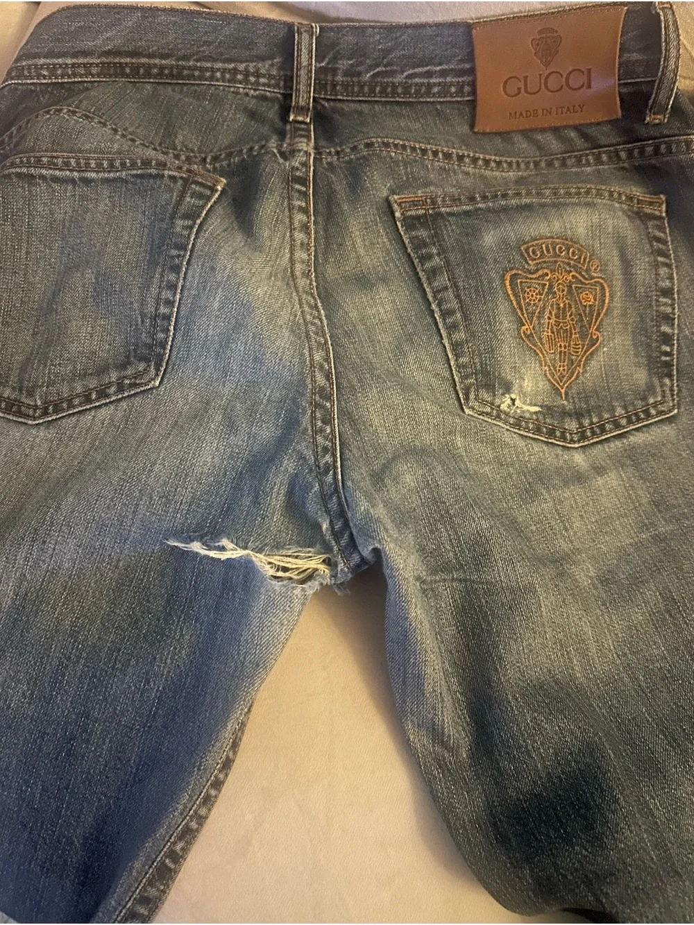 Gucci Blue Straight Denim Jeans with Embroidered Back Patch